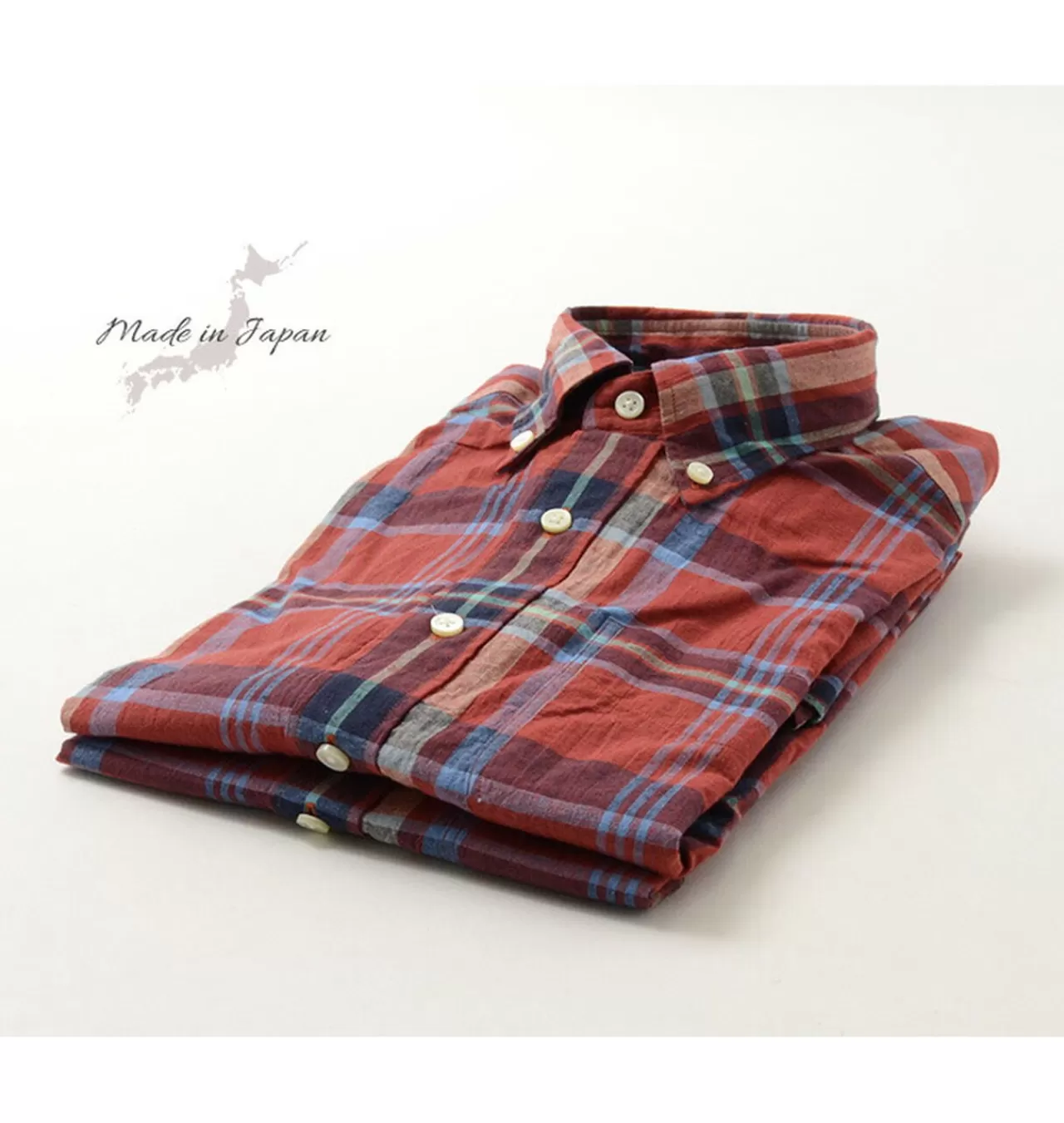 ROCOCO Short Sleeves>Short Sleeved Cotton Linen Lamy Madras Check Button Down Shirt Red