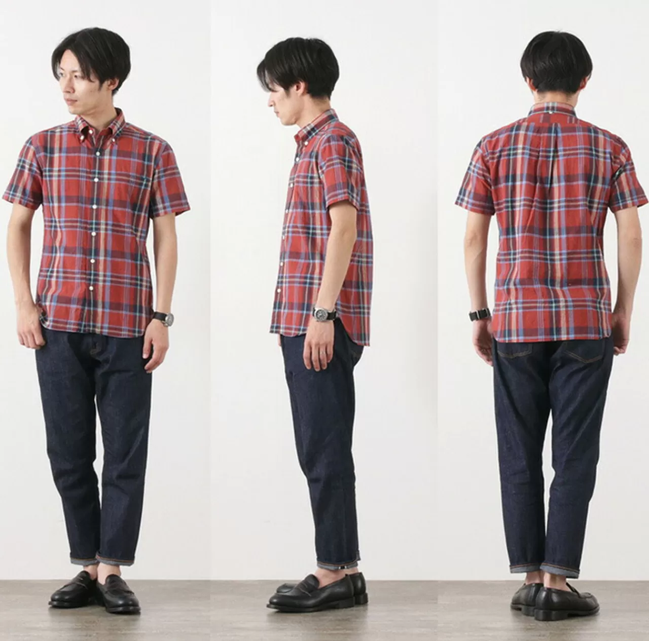 ROCOCO Short Sleeves>Short Sleeved Cotton Linen Lamy Madras Check Button Down Shirt Red