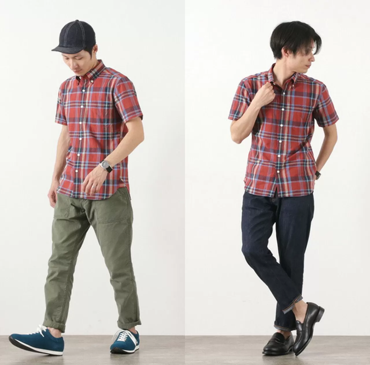 ROCOCO Short Sleeves>Short Sleeved Cotton Linen Lamy Madras Check Button Down Shirt Red
