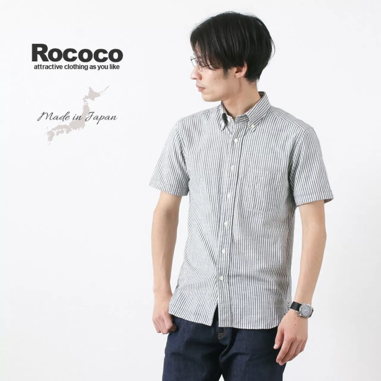 ROCOCO Short Sleeves>Short-Sleeved Indigo Selvedge Stripe Button-Down Shirt Navy_White