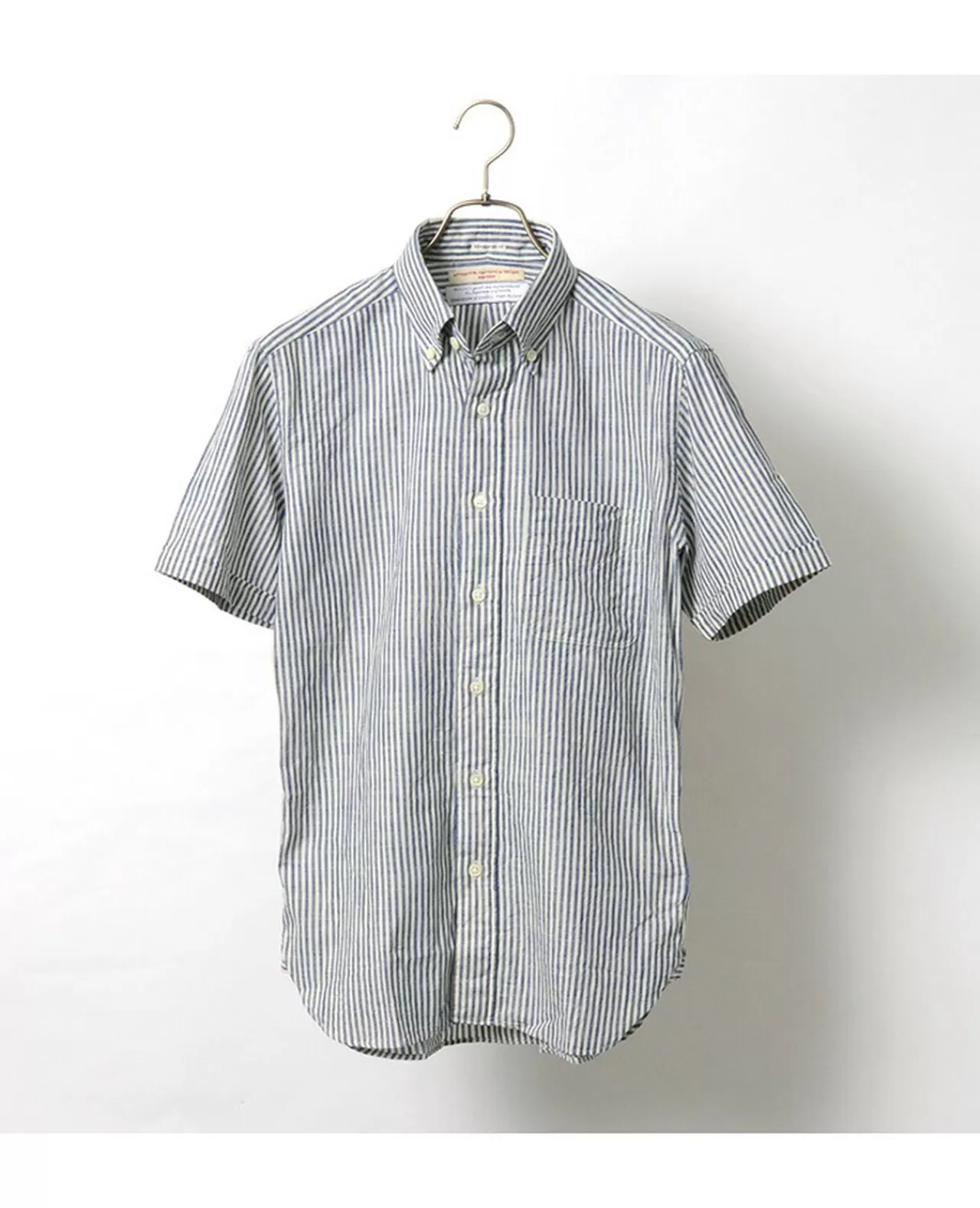 ROCOCO Short Sleeves>Short-Sleeved Indigo Selvedge Stripe Button-Down Shirt Navy_White