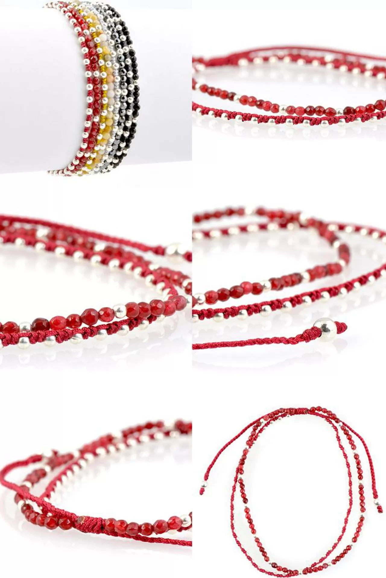 CHALISA T.. Anklets>Stone Silver Bead Anklet With Knotted Cord
