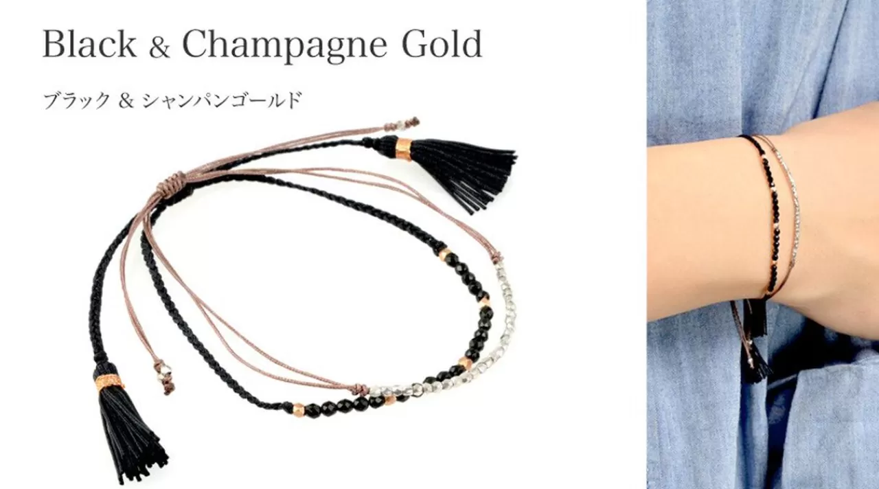CHALISA T.. Bracelets>Stone Silver Bead Combination Knotted Cord Bracelet Black_Champagnegold