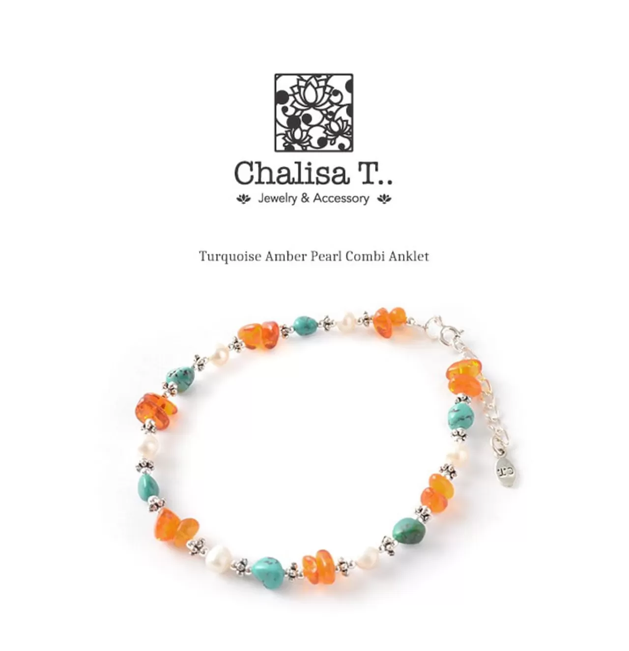 CHALISA T.. Anklets>Turquoise Amber Pearl Combi Anklet Turquoise_Amber_Pearl