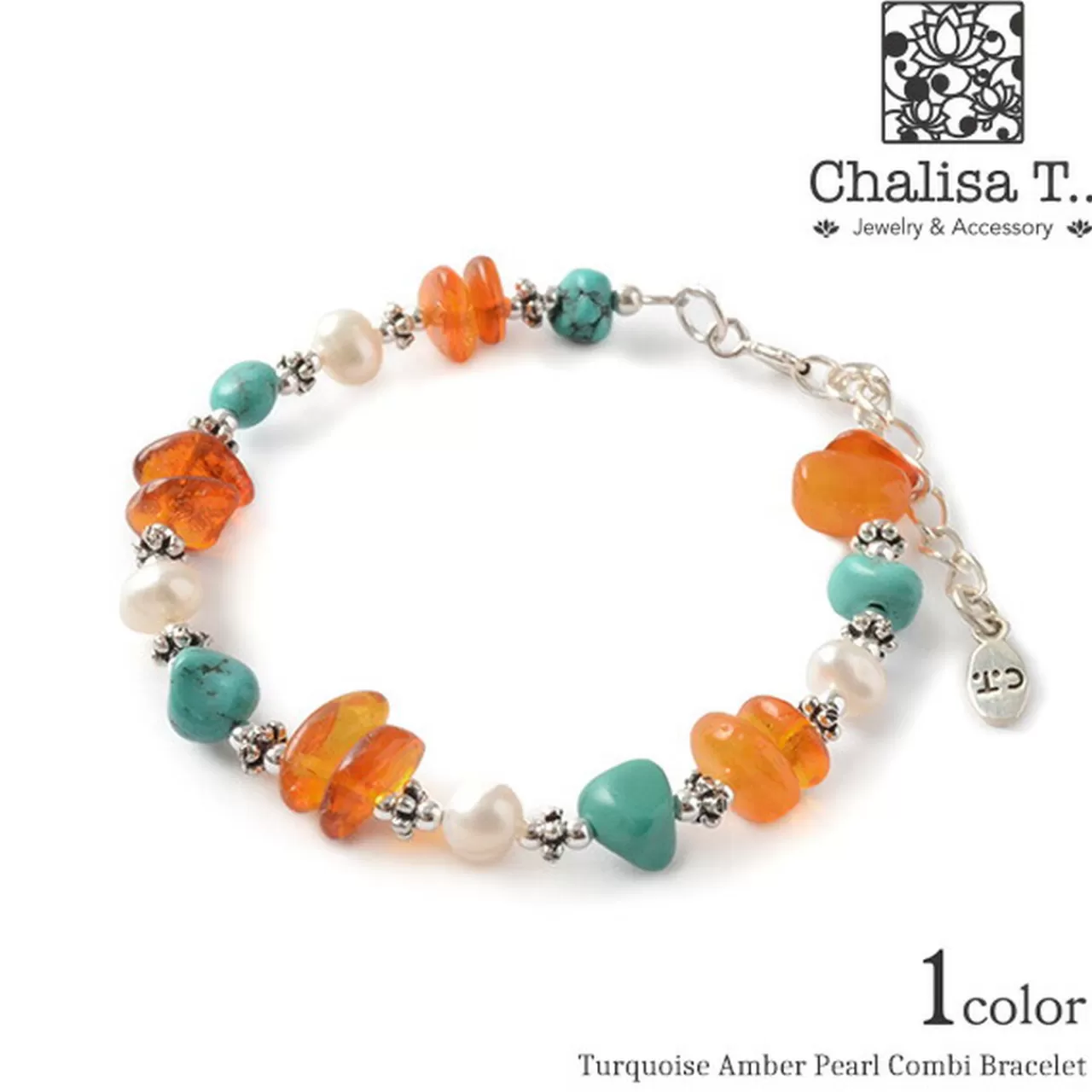 CHALISA T.. Bracelets>Turquoise Amber Pearl Combi Bracelet Turquoise_Amber_Pearl