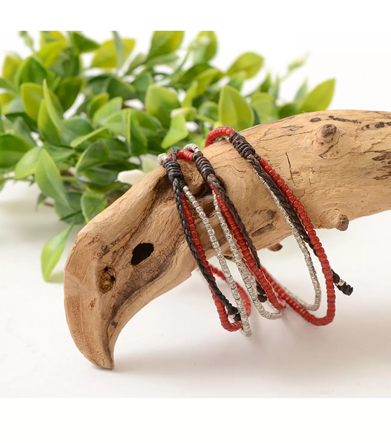 PHADUA Anklets>Two Strands Waxed Cord Anklet (White Heart/Silver) Red
