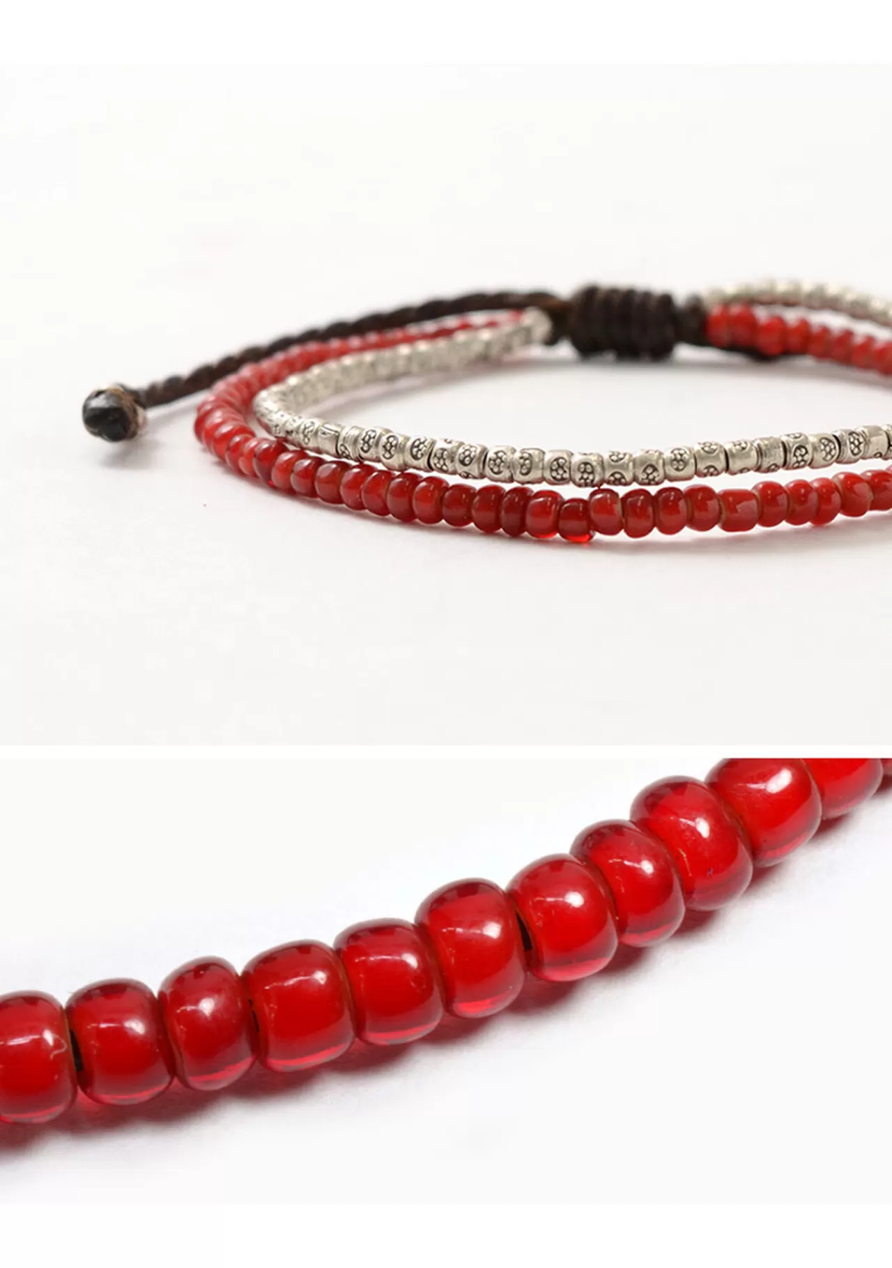 PHADUA Anklets>Two Strands Waxed Cord Anklet (White Heart/Silver) Red
