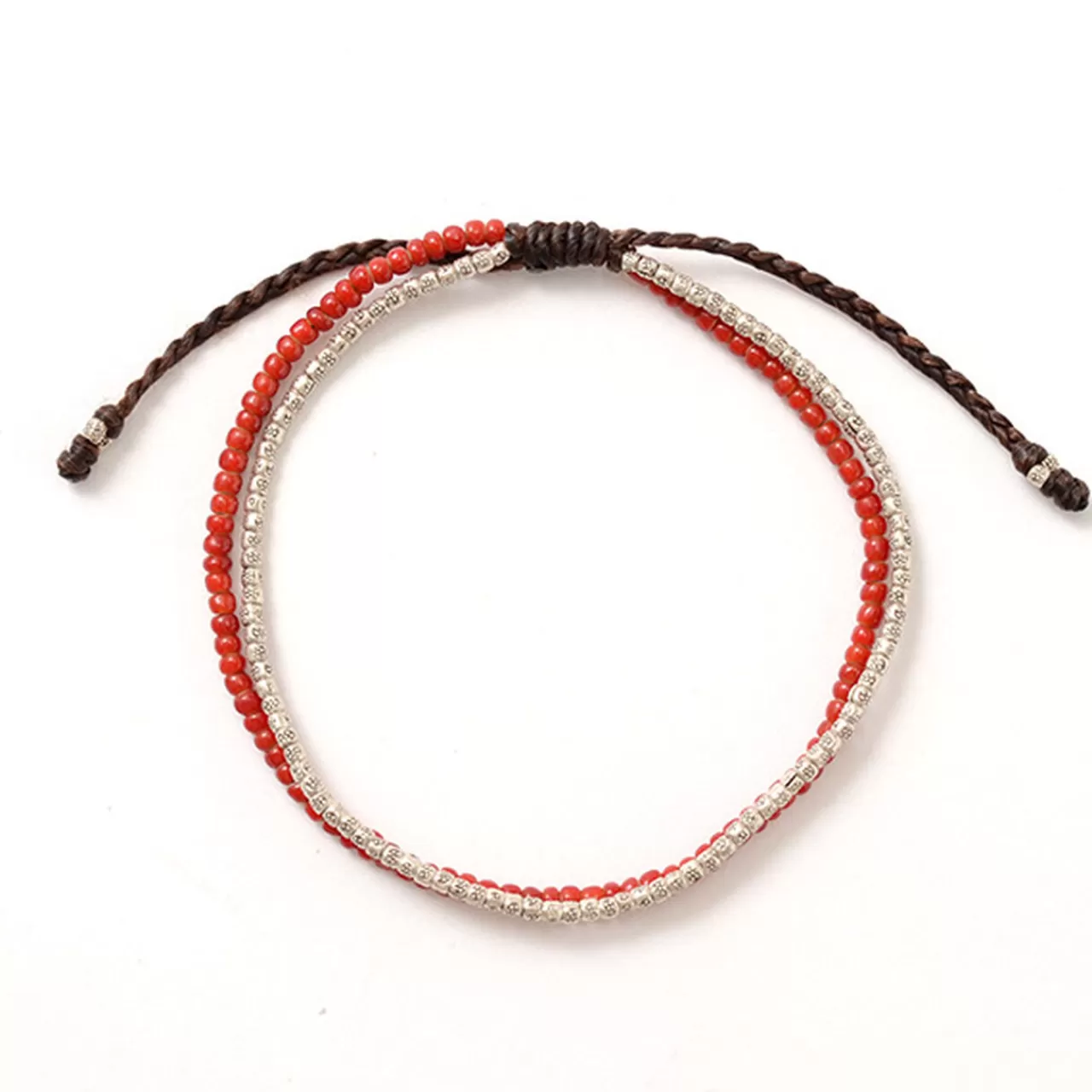 PHADUA Anklets>Two Strands Waxed Cord Anklet (White Heart/Silver) Red