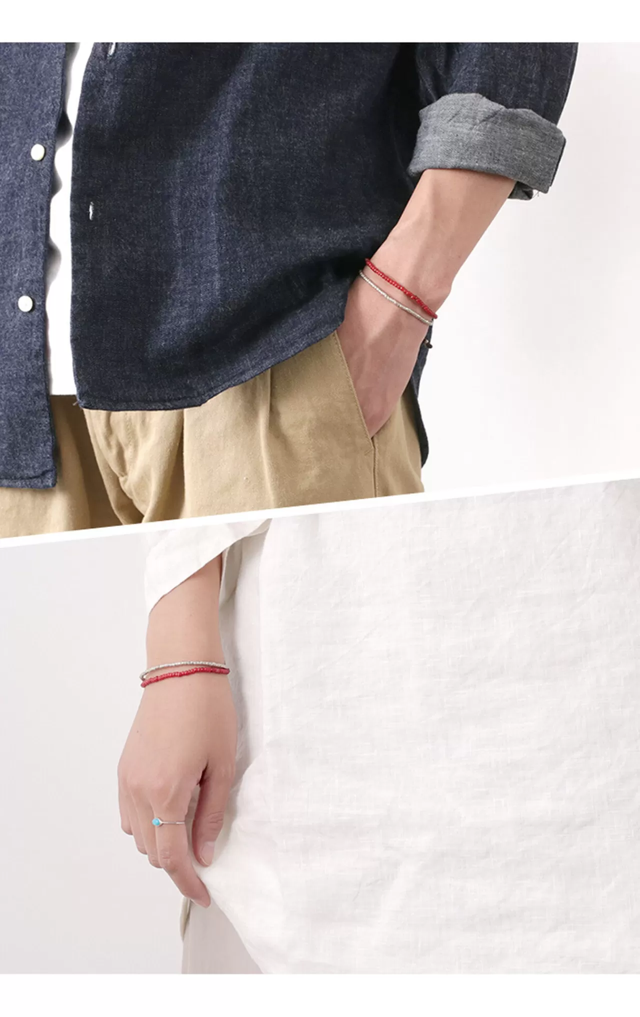 PHADUA Bracelets>Two Strands Waxed Cord Bracelet (White Heart/Silver) Red