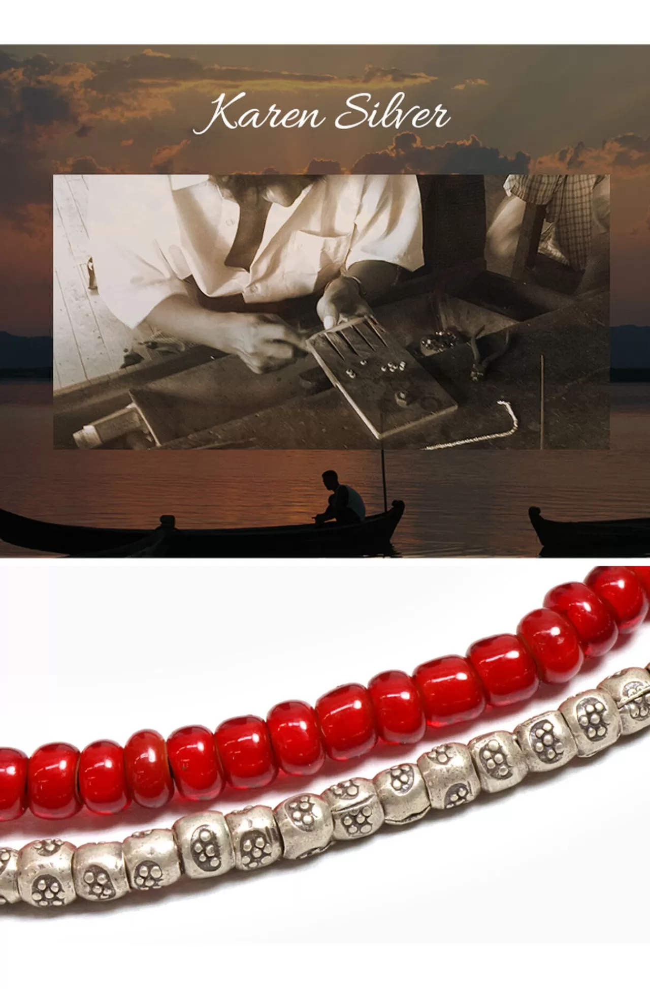 PHADUA Bracelets>Two Strands Waxed Cord Bracelet (White Heart/Silver) Red