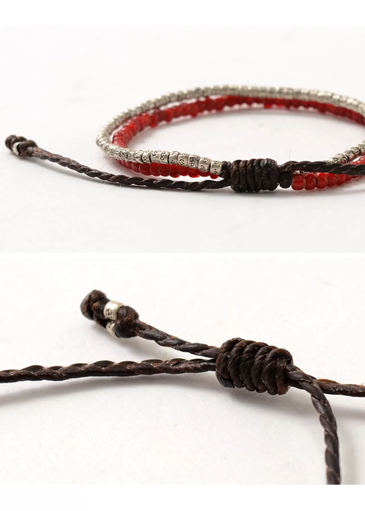 PHADUA Bracelets>Two Strands Waxed Cord Bracelet (White Heart/Silver) Red