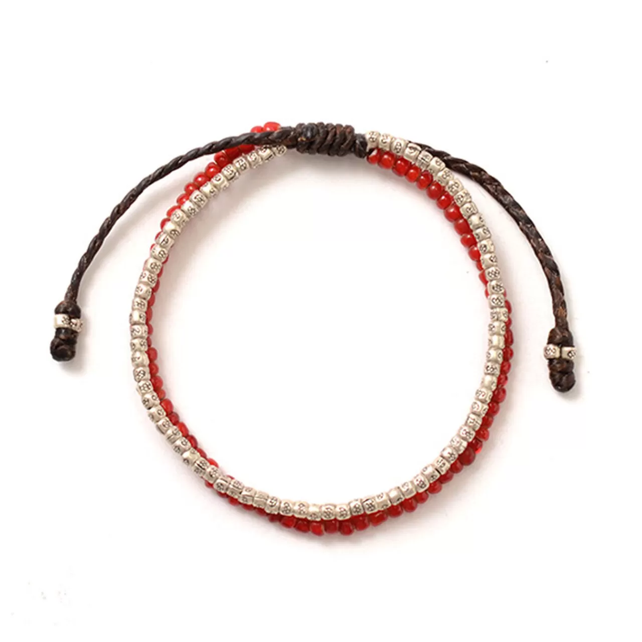PHADUA Bracelets>Two Strands Waxed Cord Bracelet (White Heart/Silver) Red