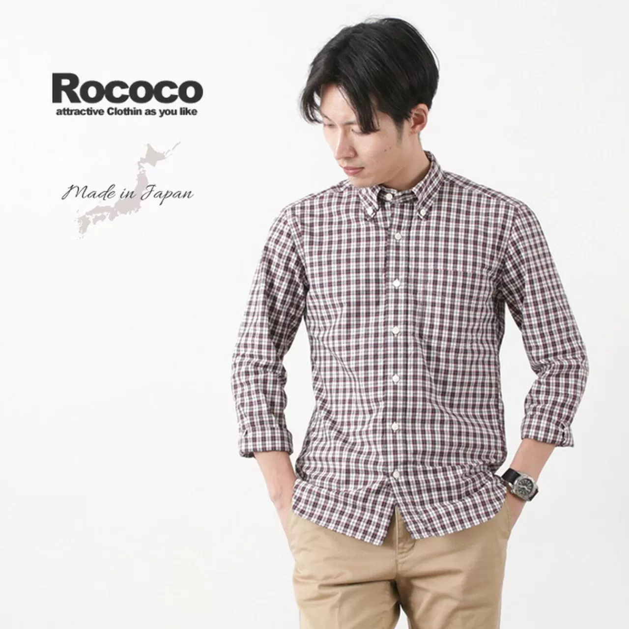 ROCOCO Long Sleeves>Typewriter Tartan Check Button Down Shirt White_Navy