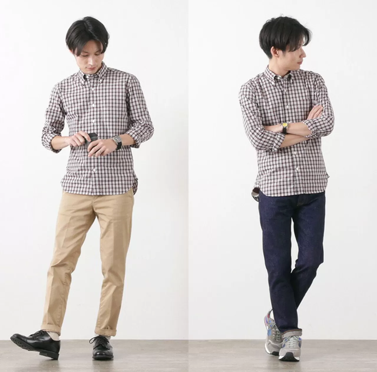 ROCOCO Long Sleeves>Typewriter Tartan Check Button Down Shirt White_Navy