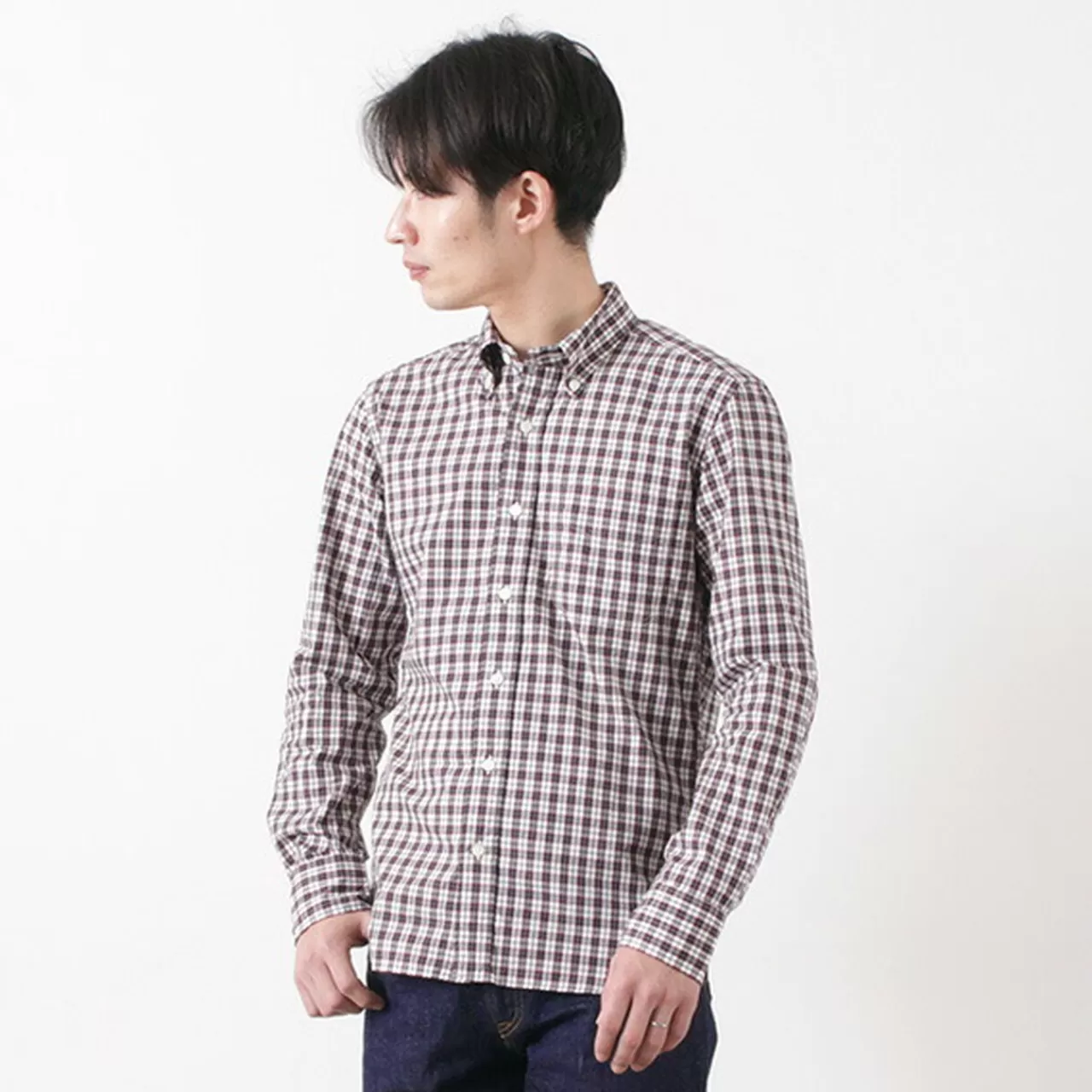 ROCOCO Long Sleeves>Typewriter Tartan Check Button Down Shirt White_Navy