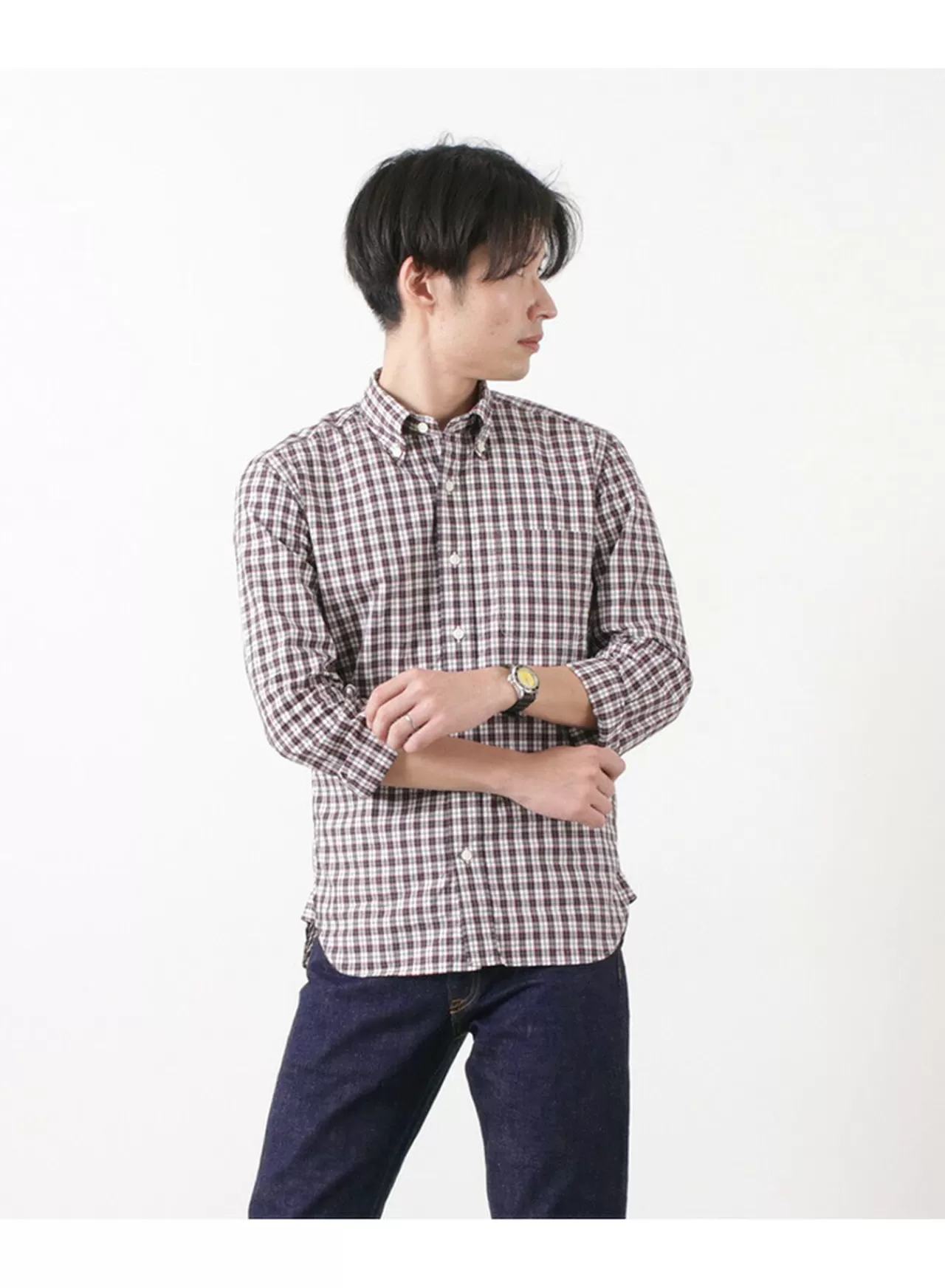 ROCOCO Long Sleeves>Typewriter Tartan Check Button Down Shirt White_Navy