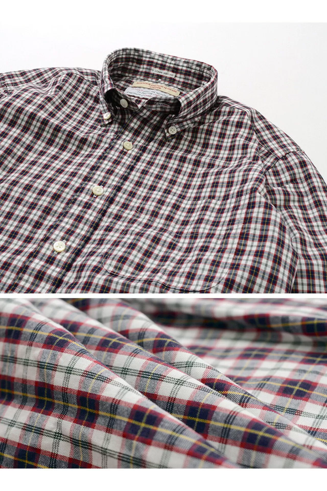 ROCOCO Long Sleeves>Typewriter Tartan Check Button Down Shirt White_Navy