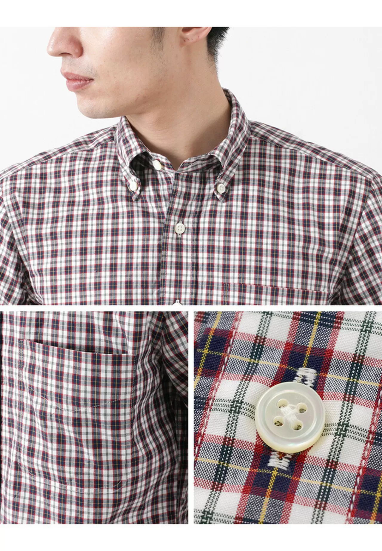 ROCOCO Long Sleeves>Typewriter Tartan Check Button Down Shirt White_Navy