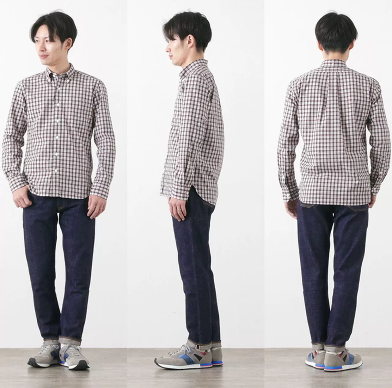 ROCOCO Long Sleeves>Typewriter Tartan Check Button Down Shirt White_Navy