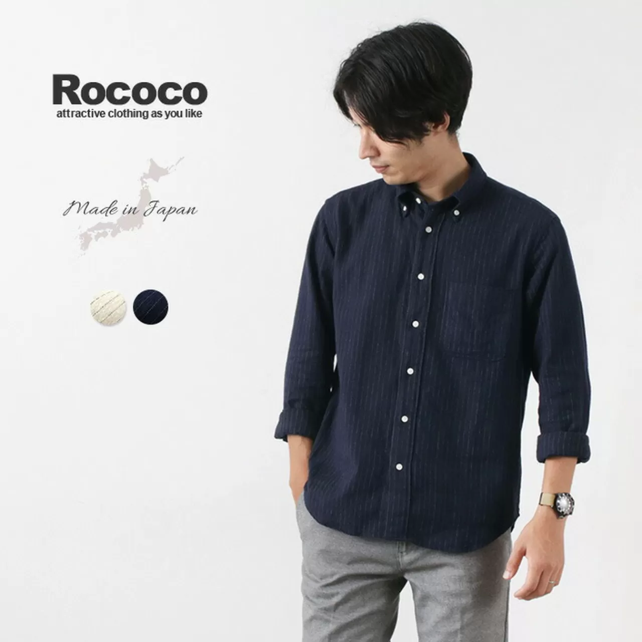 ROCOCO Long Sleeves>Woolen Pinstripe Button-Down Shirt