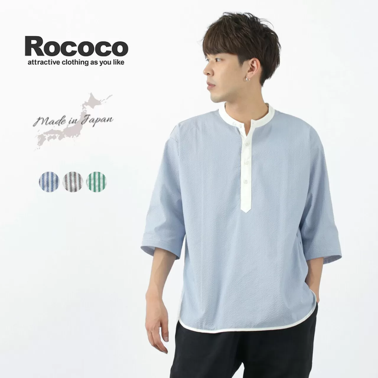 ROCOCO 3/4 Sleeves>Woven Soccer Henley Neck T-Shirt